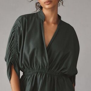 NWT - Maeve Short-Sleeve Ruched Peplum Blouse in Pine - M